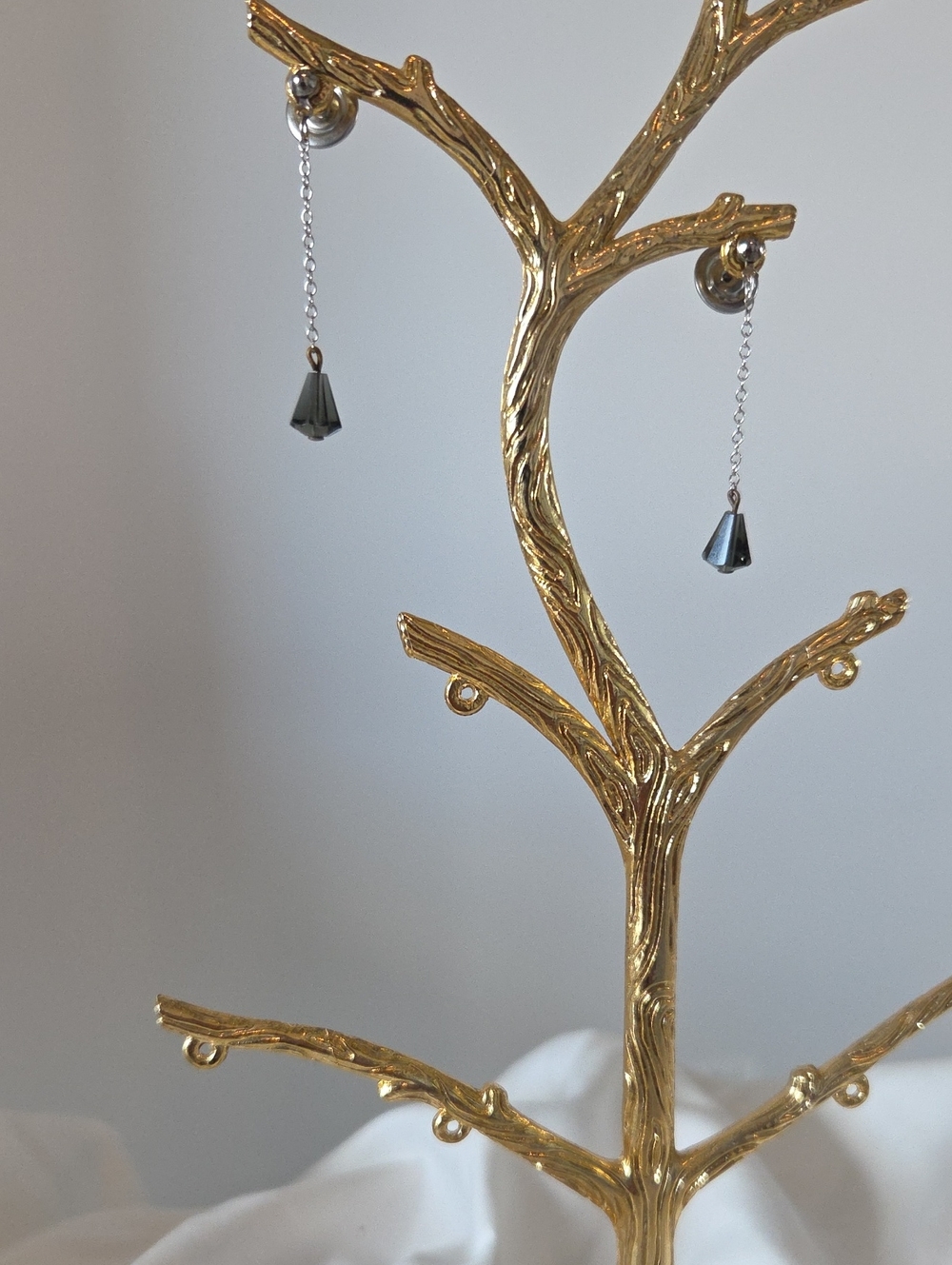 Delicate Silver Chain Earrings with Dark Gray Crystal Drops